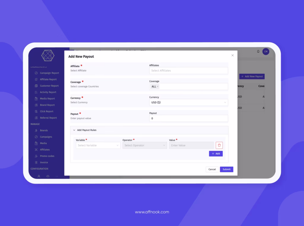 Affnook’s commission and payout 