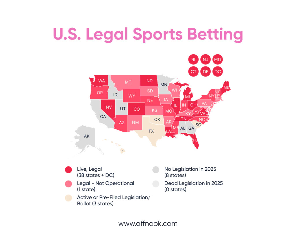 States in the US where sports betting is legal as of February 2025