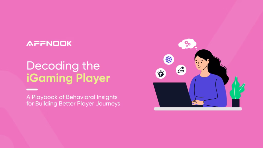 Banner for decoding the iGaming player with visual of a woman on her laptop with icons around