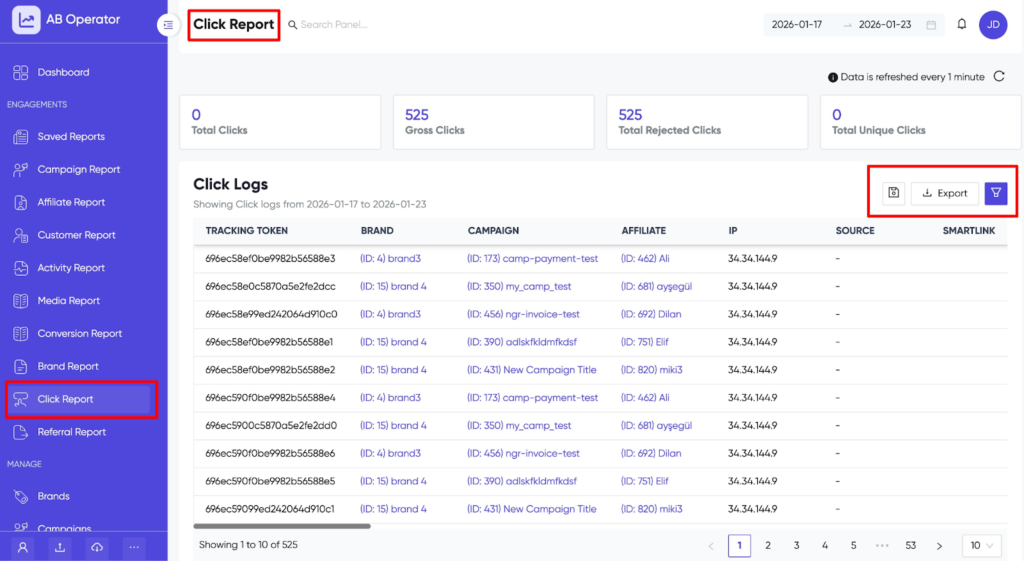 What is a Click Report and How to Use It in Affnook? 4 Affnook Click report dashboard