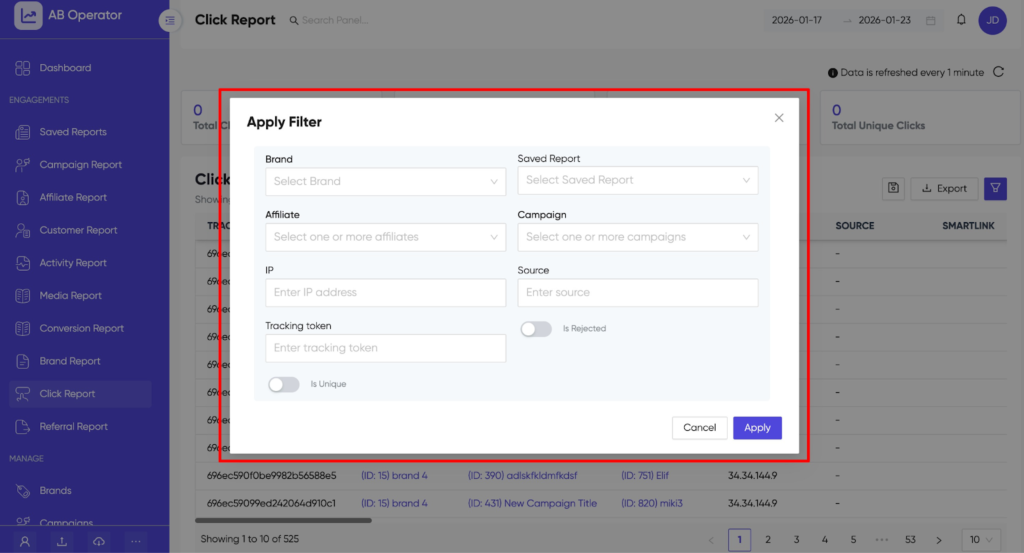 What is a Click Report and How to Use It in Affnook? 5 Affnook Click report dashboard