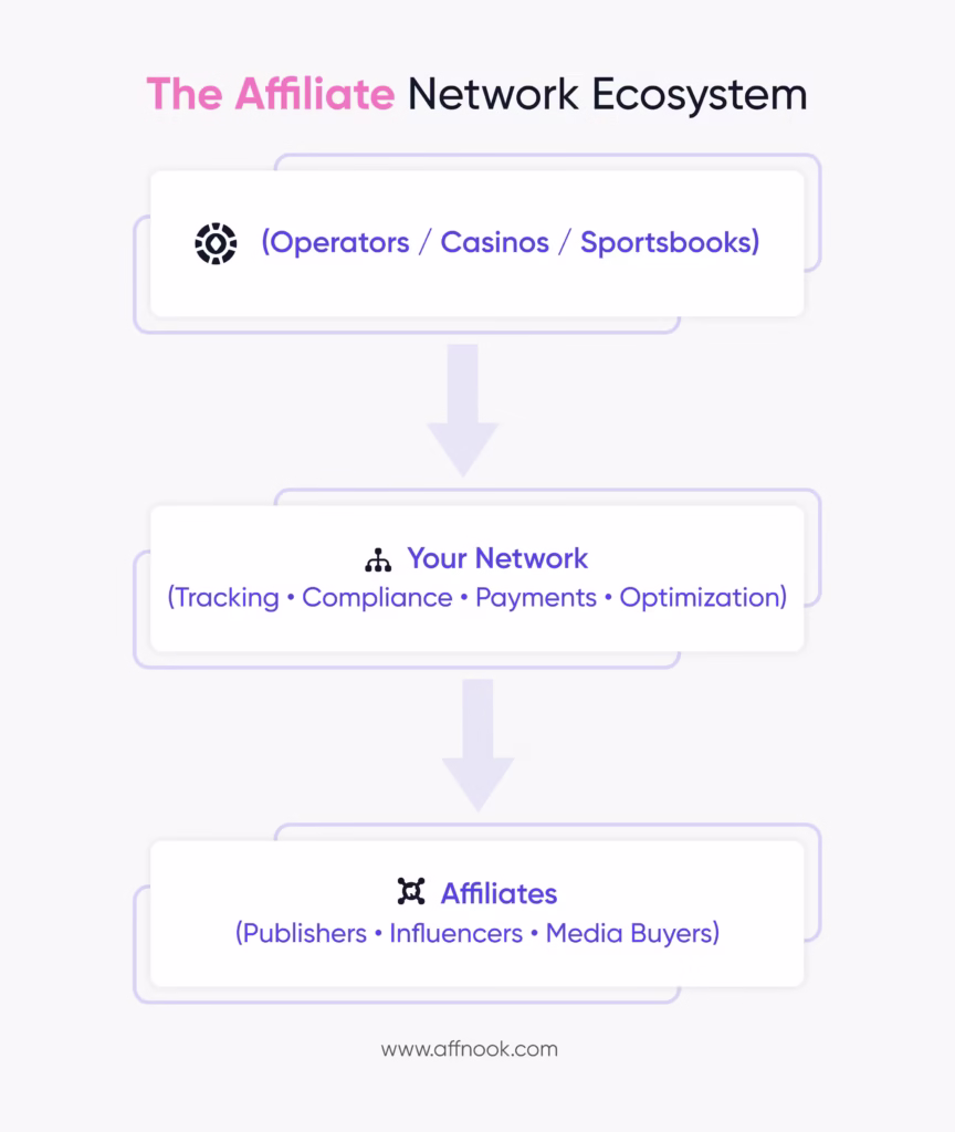 Building an Affiliate Network in iGaming: A Guide to Scaling Successfully 4 Infographic representing the affiliate network ecosystem.