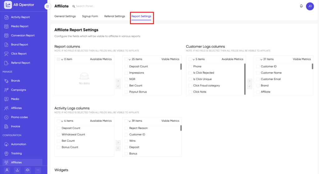 Affiliate Setup in Affnook: How to Configure Affiliate Partner Settings 11 Affilate Setup report setting